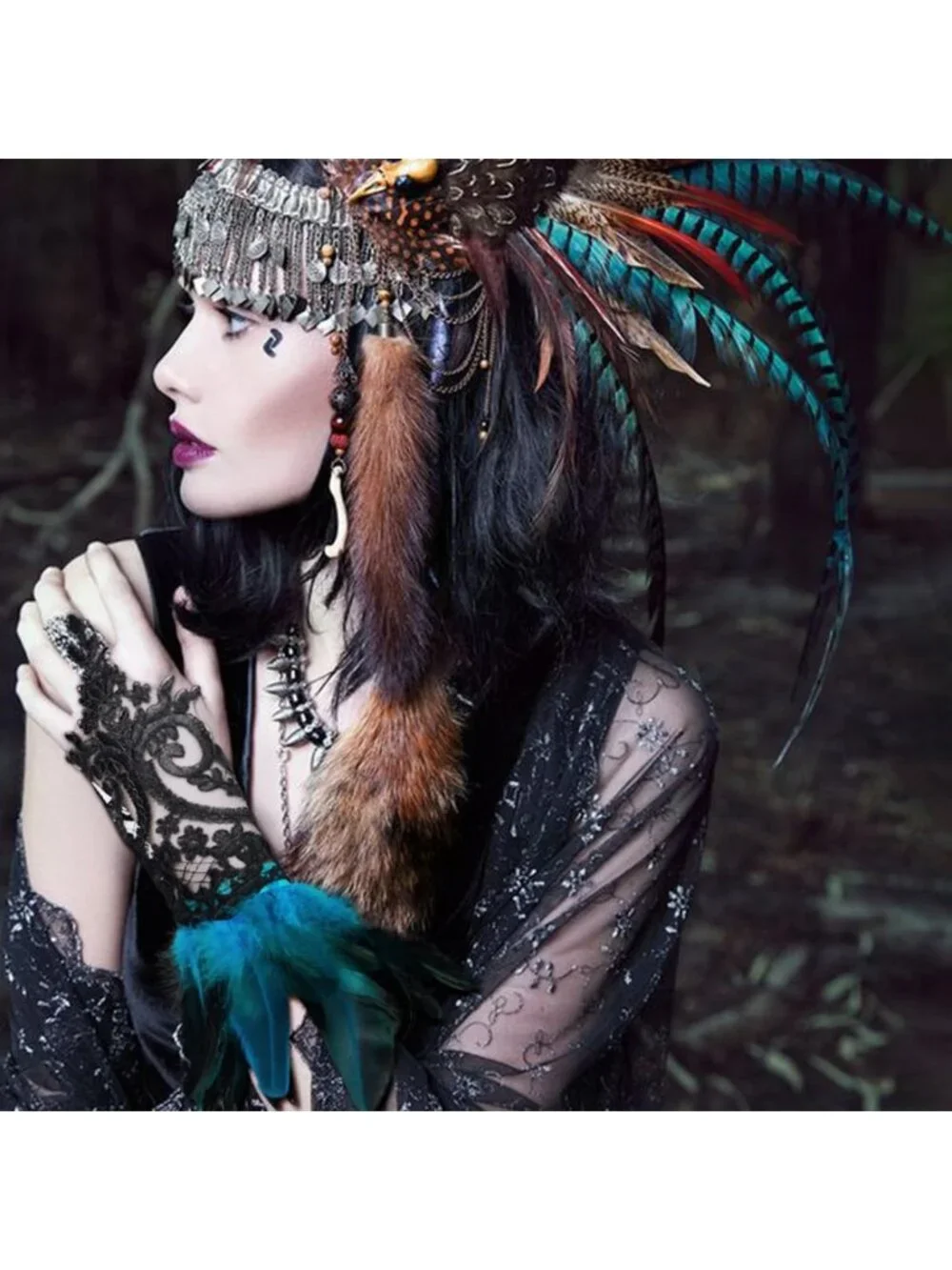 Gothic Black Lace Feather Long Gloves for Women - Halloween Witch Costume